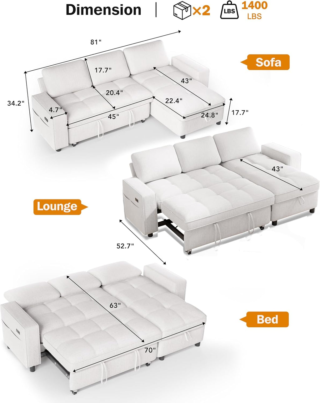 Vipbear 81' Sectional Sleeper Sofa with Pull Out Bed, L Shaped Sleeper Sofa, Pull Out Couch with Reclining Backrest, Reversible Storage Chaise, USB Ports, Tool-Free Assembly, Chenille Beige