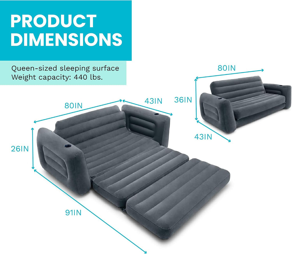 Intex 2 in 1 Inflatable Pull Out Sofa and Queen Size Air Bed Mattress with Cup Holders for Indoor and Outdoor Use for Adults (2 Pack), Charcoal Gray
