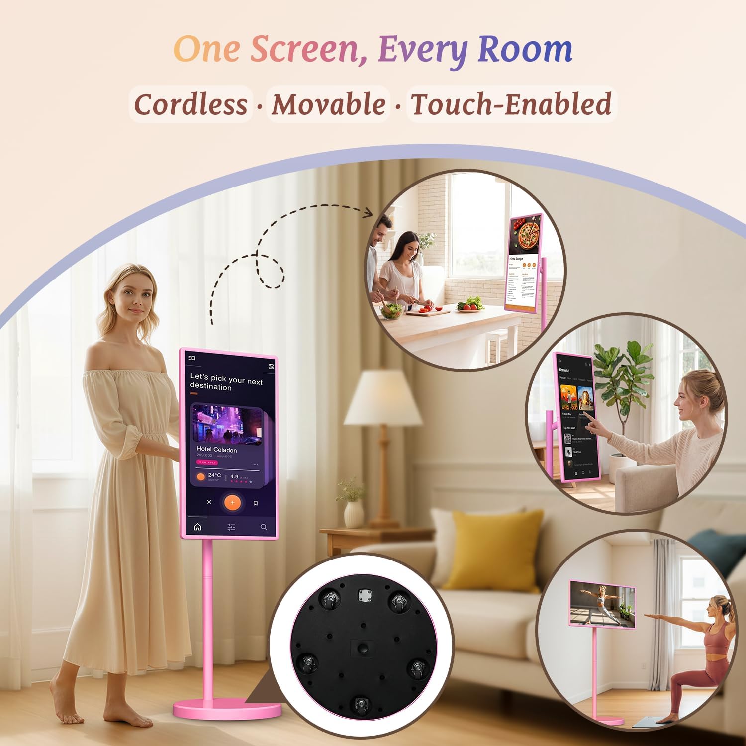 32' Portable Smart TV with Android 15, 1080P Touch Screen Monitor on Wheels, EDLA-Certified, 8GB+128GB Storage, 5MP Camera, 10H Playing Time, Rotatable Display, Wireless Casting, Voice Remote Control