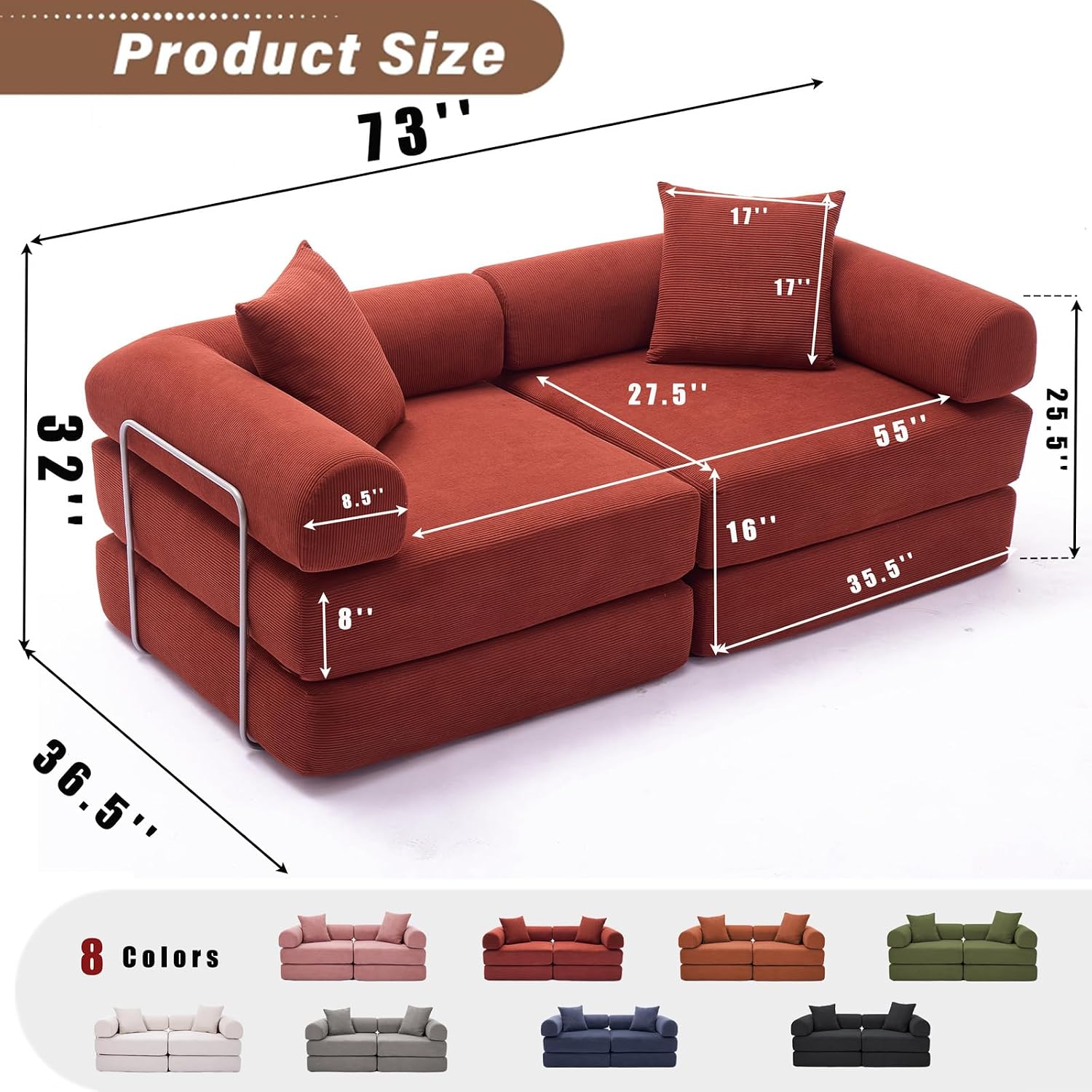 73' Convertible Modular Folding Sofa Bed, 5-in-1 DIY Combination Fold Out Sleeper Sofa Bed, Loveseat sleeper Couch with Removable Armrests, Corduroy Floor Couch, Small couches for small spaces, Red