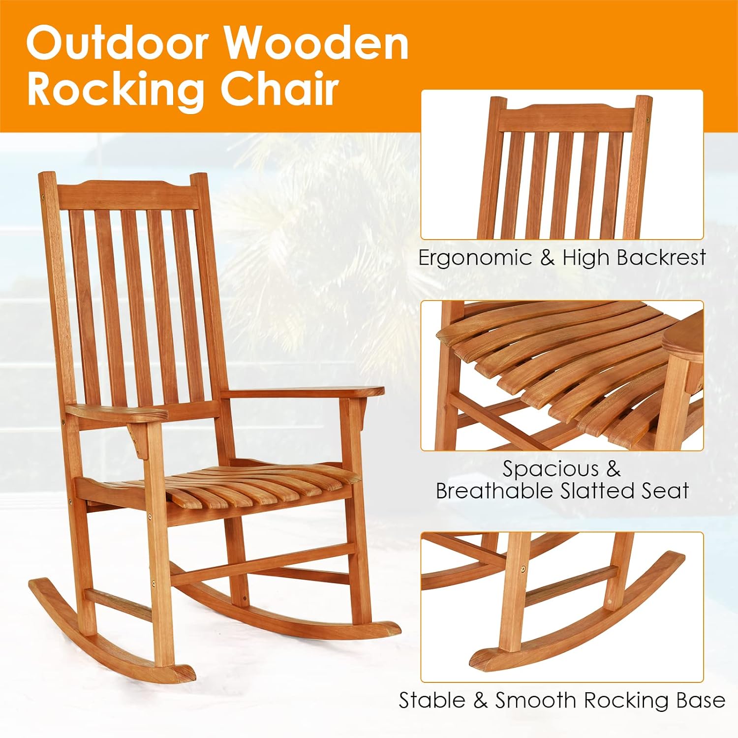 Tangkula Set of 2 Patio Rocking Chair, Indoor Outdoor Wooden Rocker Lounge Chair for Porch Garden Backyard Balcony, Rustic High Back Armchair w/Heavy-Duty 350 LBS Weight Capacity
