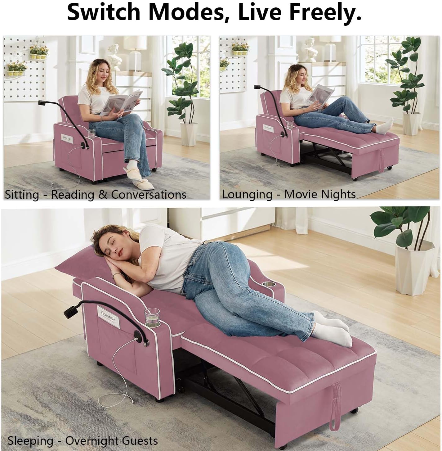 Convertible Sofa Bed, 3 in 1 Futon Sofa Bed with USB Charging Ports, Cup Holder, Phone Stand & Pocket, Modern Upholstered Sleeper Sofa for Living Room, Apartment or Small Space (Pink)