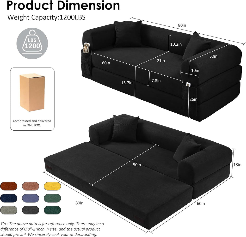 80' Convertible Sofa Bed, 3-in-1 Corduroy Folding Pull Out Couch with Pillows, No Assembly Modern Boneless Couch Compression Sofa in Box, Floor Sofa with Side Storage for Living Room,Black