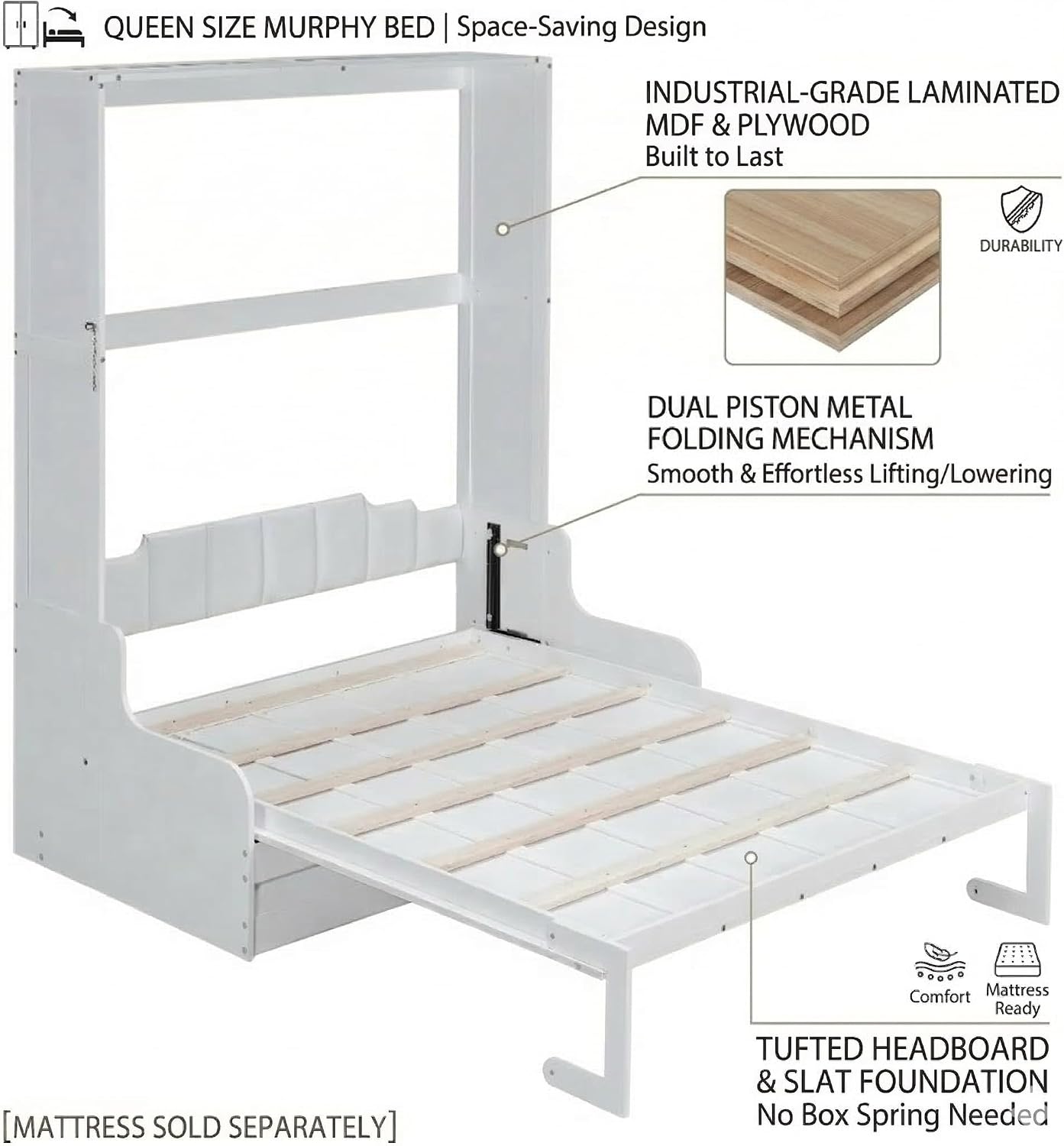 Merax Queen Size Murphy Bed, Wooden Queen Murphy Bed Wall Bed with Sofa and Cushion, for Home Office or Small Room, White