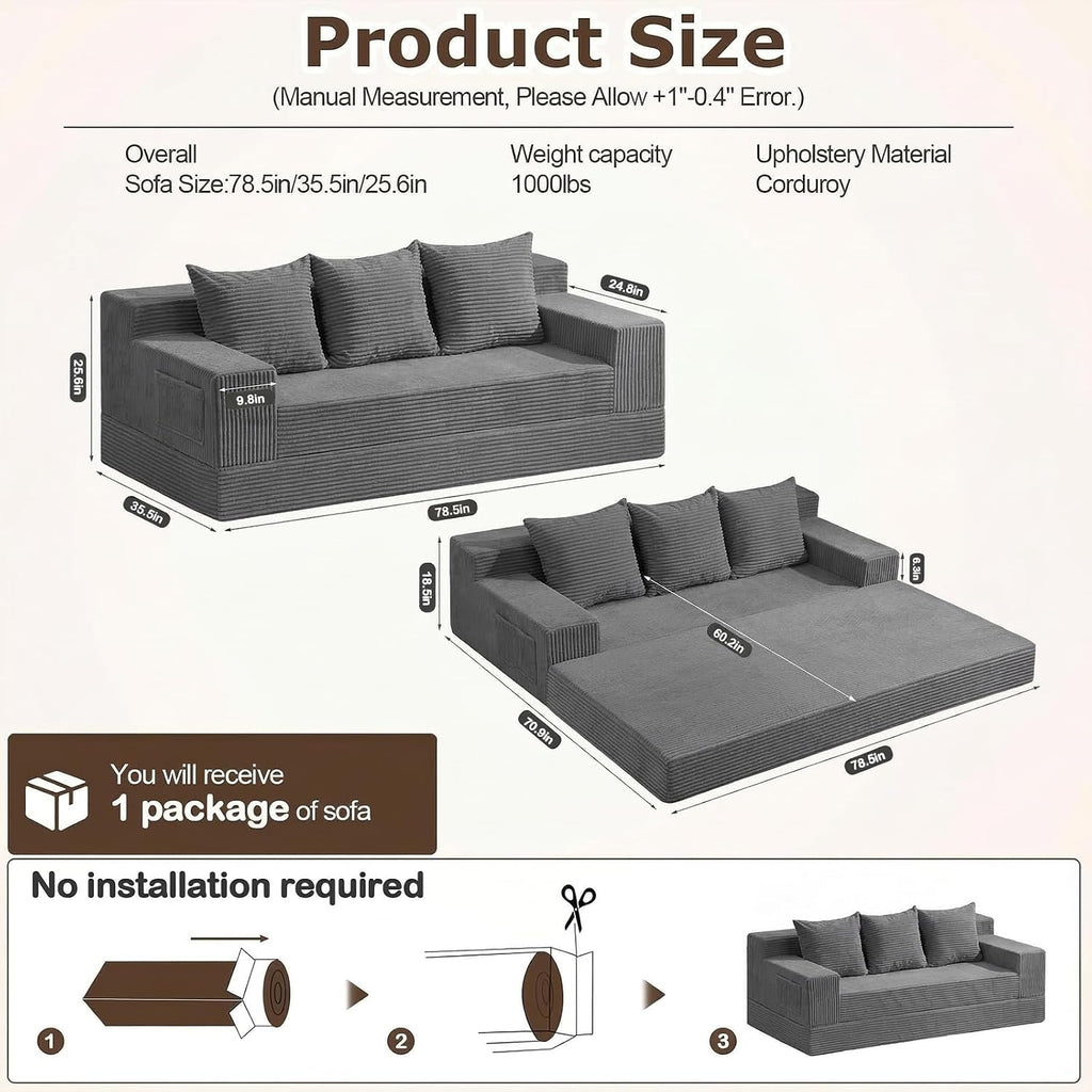 cidludto Convertible Sofa Bed, 78' Oversized Boneless Loveseat Couch 2 in 1 Foldable Futn Bed Couch in A Box, Folding Sleeper Sofa Chair for Living Room, No Assembly Required, Grey