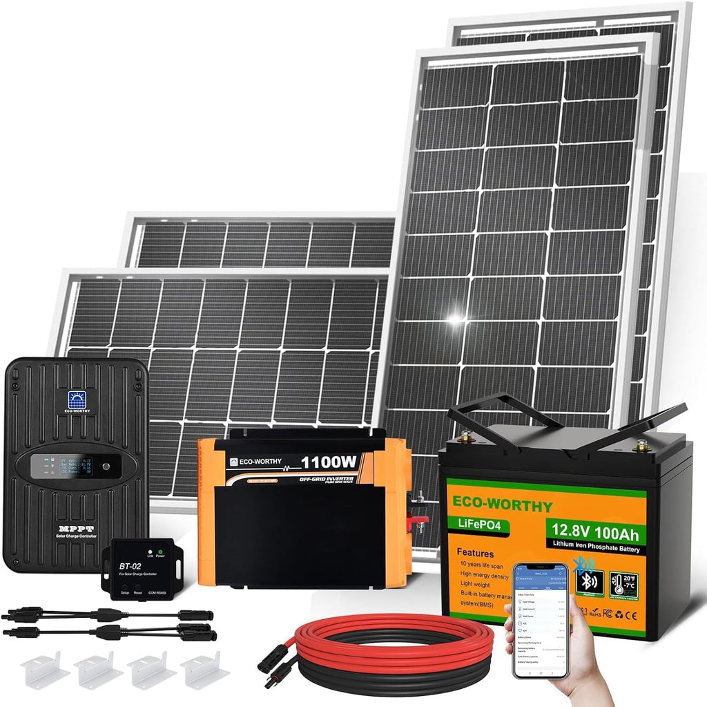 ECO-WORTHY 1.6KWH Complete Solar Panel Kit 400W 12V for RV Off Grid: 400W Solar Panels + 40A MPPT Charge Controller +12V 100Ah Lithium Battery + Solar Power Inverter + Bluetooth Module
