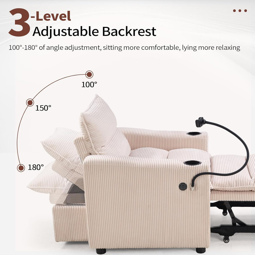 HAOMARKETS Corduroy Sleeper Sofa Bed with Cup Holders, 3-in-1 Convertible Pullout Futon Couch with Phone Holder&USB Charge Port, Single Armchair with 3-Level Adjustable Backrest for Apartment