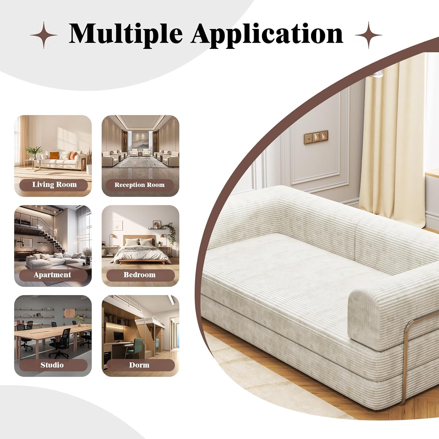 Convertible Corduroy Sleeper Sofa Bed,Folding Mattress Couch with Fixed-Shape Frame, 3 Seater Fold Out King Size Futon,No Assembly Floor Couch for Living Room Dorm Studio 78.7*39.4*29.6 Inch Beige