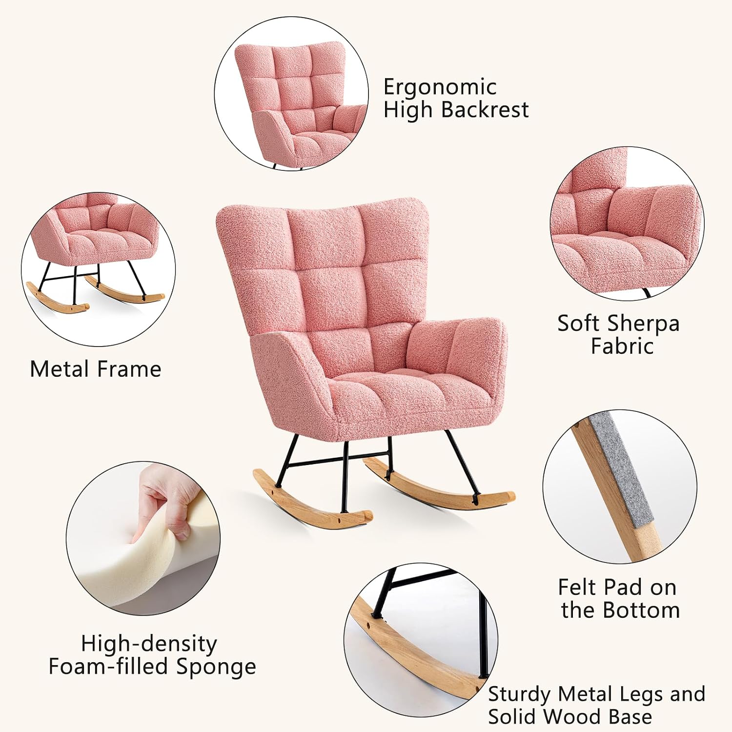 Furniliving Nursery Rocking Chair Upholstered Glider Rocking Chair Modern Accent Chair Padded Seat Reading Chair with High Backrest Comfy Chair for Living Room, Bedroom, Nursery, Pink, Teddy, 2