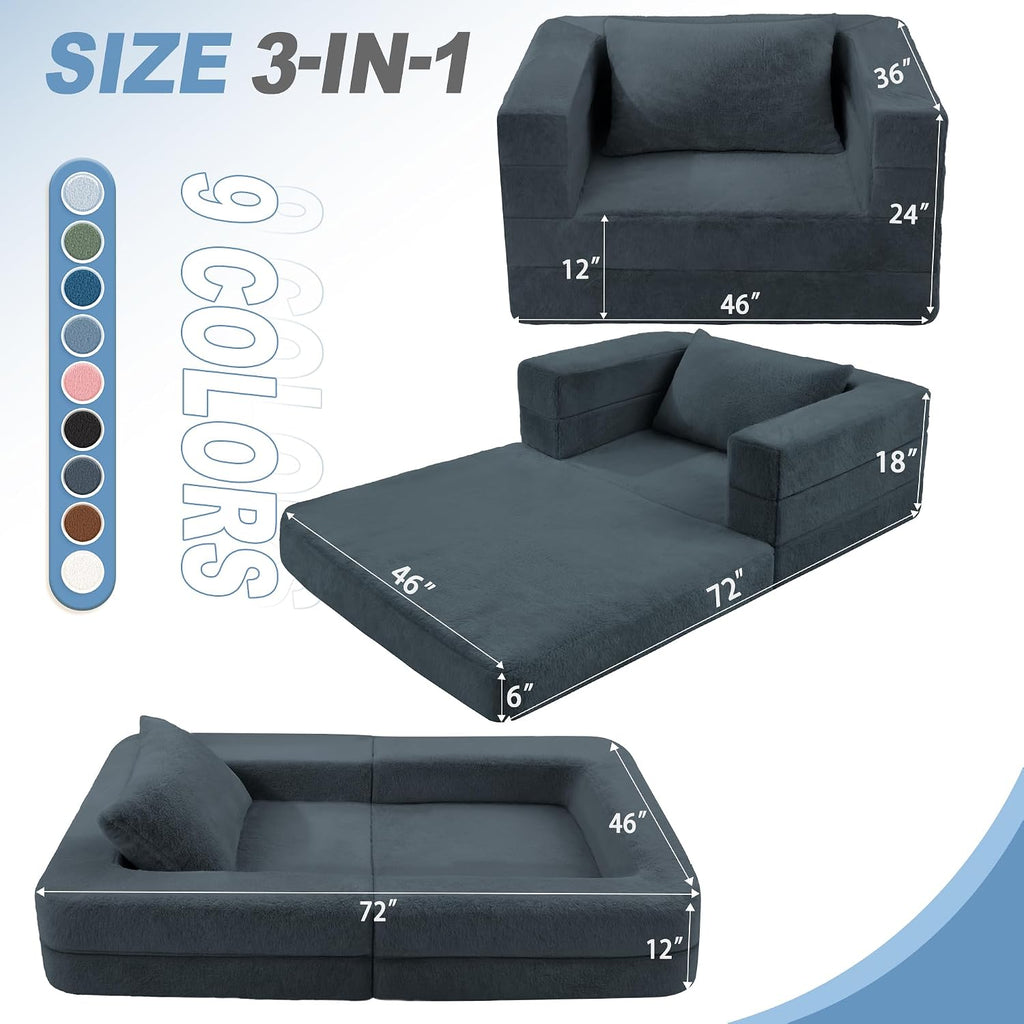 Futon Sofa Bed with Pillow, 3-in-1 Sleeper Sofa Bed with Removable Cover, Convertible Floor Sofa Bed, No Assembly Boneless Couch for Living Room, Bedroom