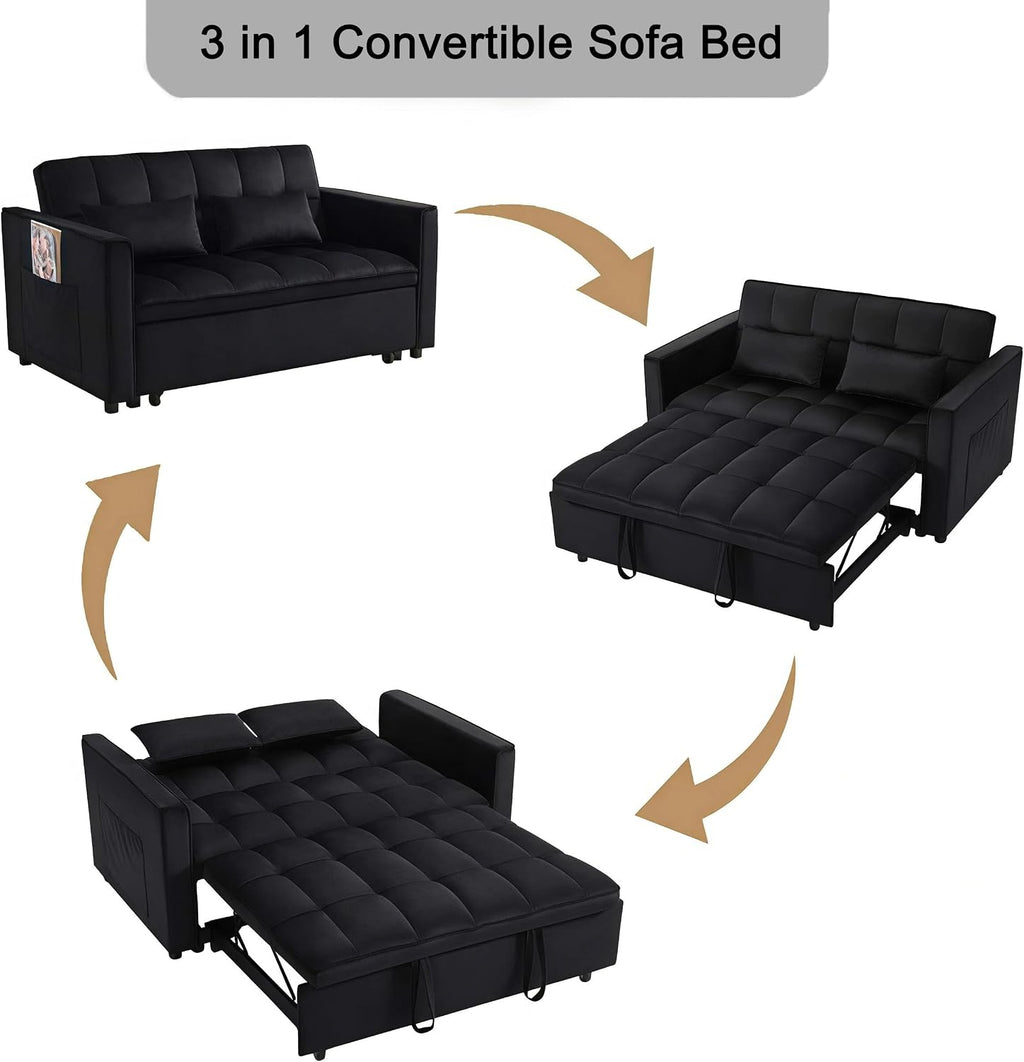 Loveseat Sleeper Sofa, 3 in 1 Convertible Sofa Bed, Adjustable Backrest Comfy Pull Out Couch, Modern Upholstered Sofa for Living Room Bedroom Apartment Small Space (Black)