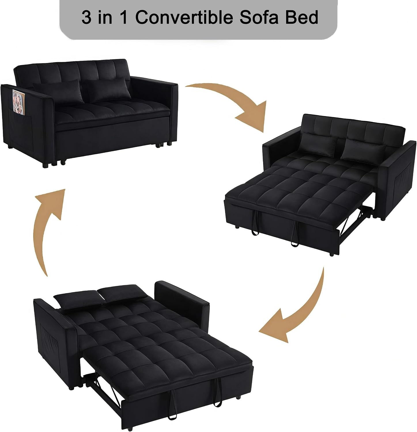 Loveseat Sleeper Sofa, 3 in 1 Convertible Sofa Bed, Adjustable Backrest Comfy Pull Out Couch, Modern Upholstered Sofa for Living Room Bedroom Apartment Small Space (Black)