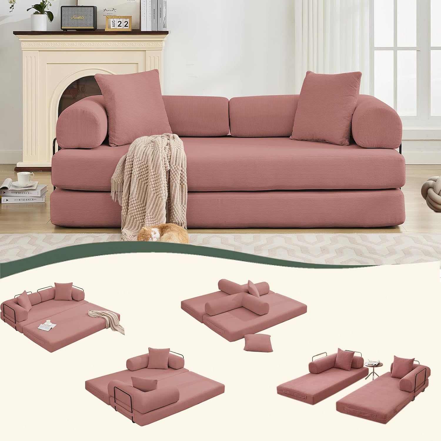 Convertible Folding Sofa Bed, Modular Floor Sofa with Removable Backrest, 3-Seater Fold Out Couch Bed with Pillows, King Size Futon Lazy Couch Corduroy Sleeper for Living Room, Dorm, Dark Pink