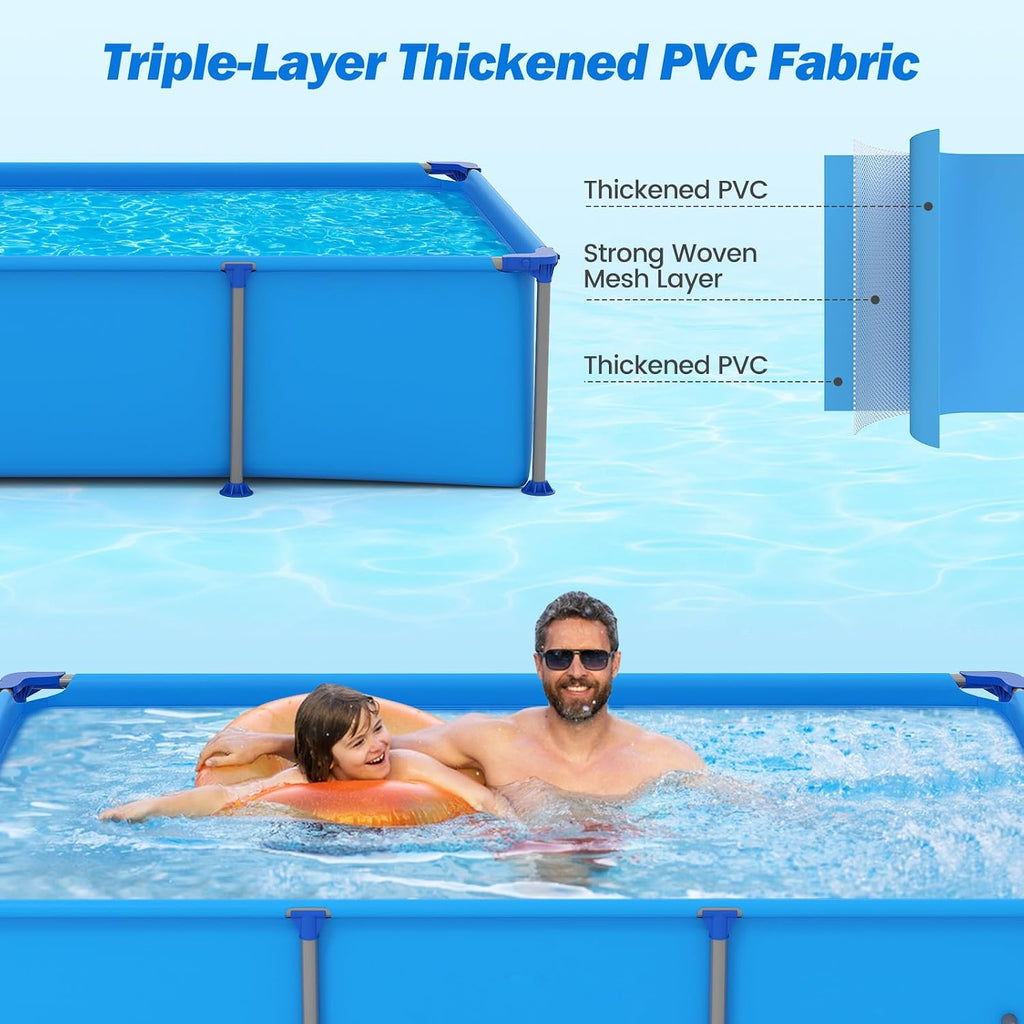 Goplus Above Ground Swimming Pool, 8.5'x6'x26'' Metal Frame Pool Set w/PVC Fabric, 3 Stoppers, Drainage Valve Connector, for Outdoor, Backyard, Garden, Patio (8.5' x 6' Rectangle, 690 Gal, Blue)