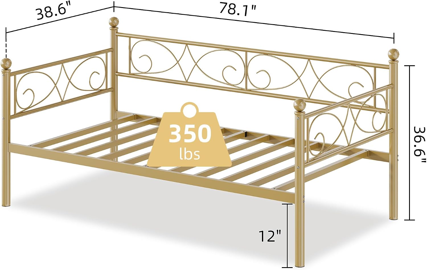 IDEALHOUSE Twin Size Daybed Frame, Metal Sofa Bed Frame, Heavy Duty Metal Slats, Day Bed for Living Room, Bedroom, Guest Room, Space Saving, Gold