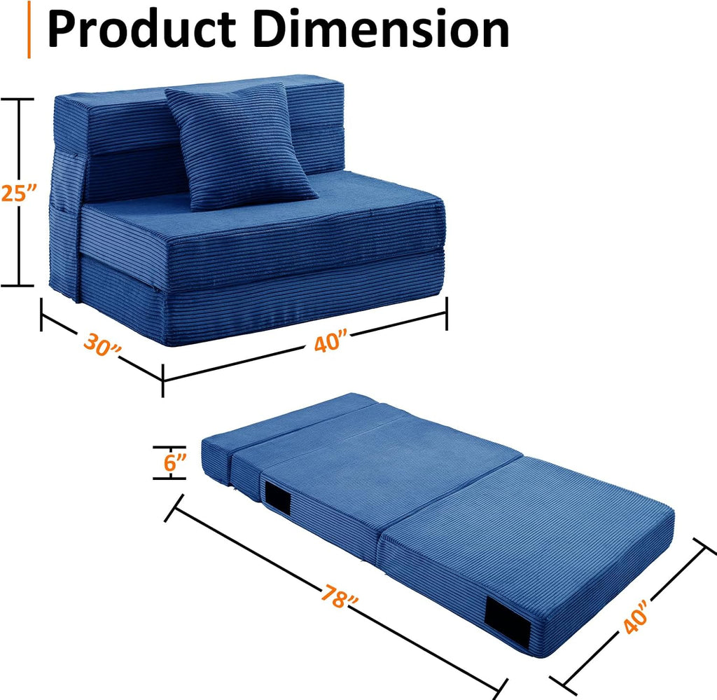JKMAX Twin Size Folding Sofa Bed - 4 in 1 Convertible Sleeper Chair with Pillow - High Density Memory Foam Futon Couch - Foldable Bed for Living Room Bedroom (Blue)