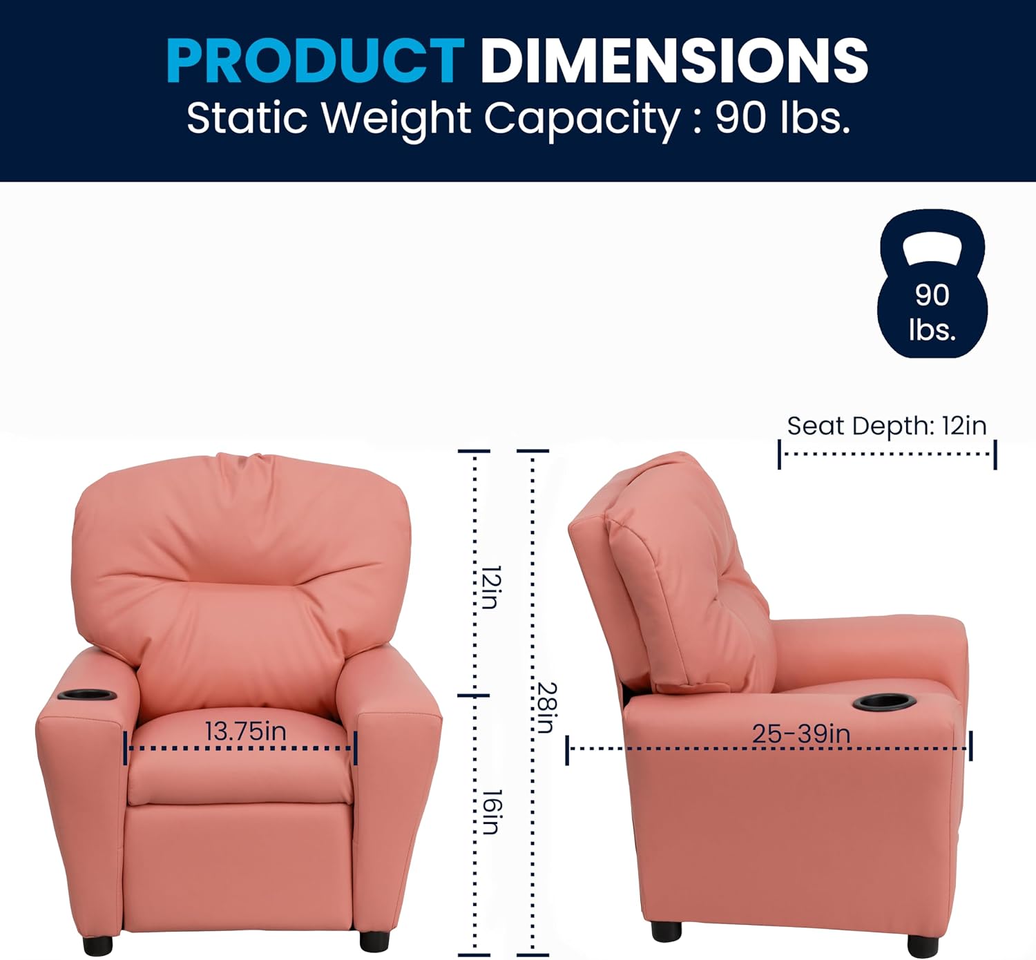 Flash Furniture Chandler Vinyl Kids Recliner with Cup Holder and Safety Recline, Contemporary Reclining Chair for Kids, Supports up to 90 lbs., Pink