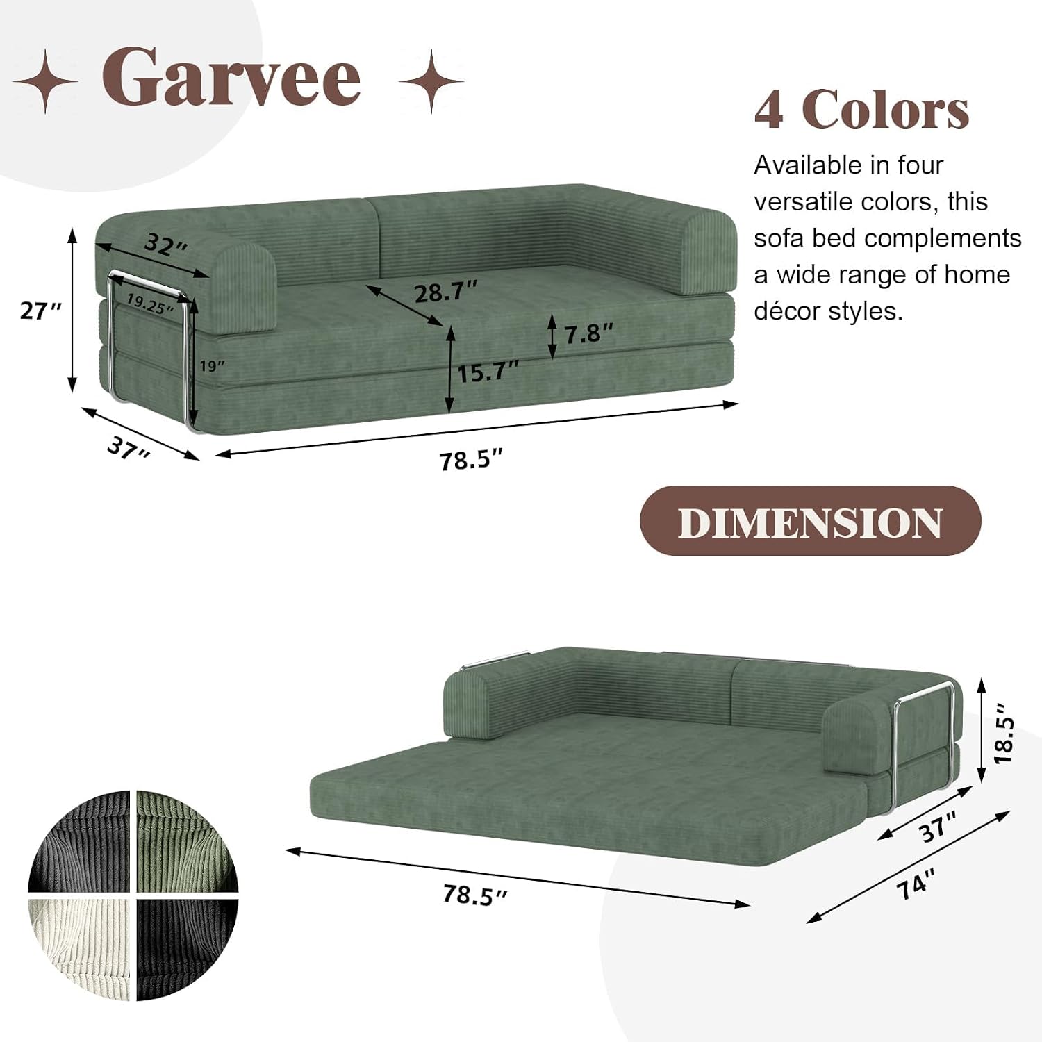 Convertible Corduroy Sleeper Sofa Bed,Folding Mattress Couch with Fixed-Shape Frame, 3 Seater Fold Out King Size Futon,No Assembly Floor Couch for Living Room Dorm Studio 78.7*39.4*29.6 Inch Green