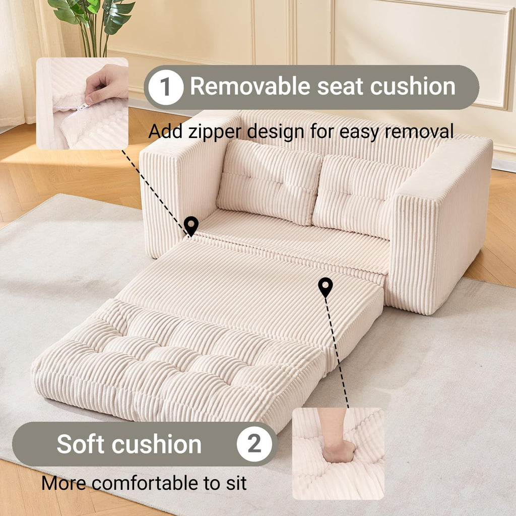 Fefances 55.1'Boneless Sofa Bed, 2-in-1 Convertible Loveseat & Folding Futon Couch, Small Space-Saving Design with Corduroy Fabric, for Living Room, Bedroom, Studio Apartment - Beige