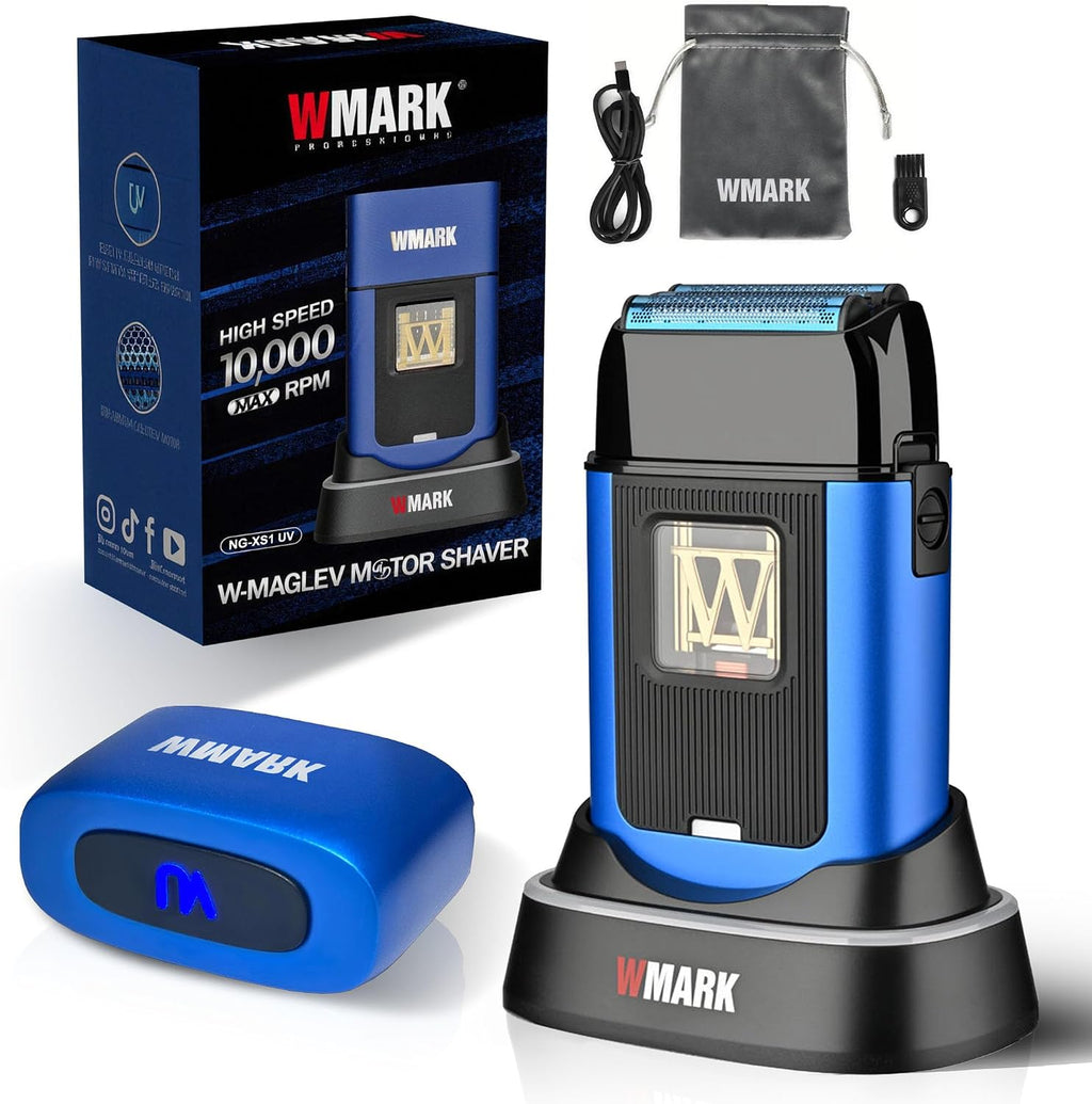WMARK Electric Foil Shavers for Men Electric Razor for Men Cordless Beard Shaver with UV Protection, Maglev Vector Motor 10000RPM, Blue-Titanium 3-Blade Floating, USB-C Rechargeable NG-XS1 UV