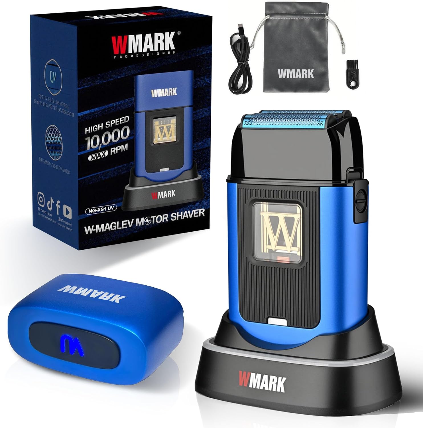 WMARK Electric Foil Shavers for Men Electric Razor for Men Cordless Beard Shaver with UV Protection, Maglev Vector Motor 10000RPM, Blue-Titanium 3-Blade Floating, USB-C Rechargeable NG-XS1 UV
