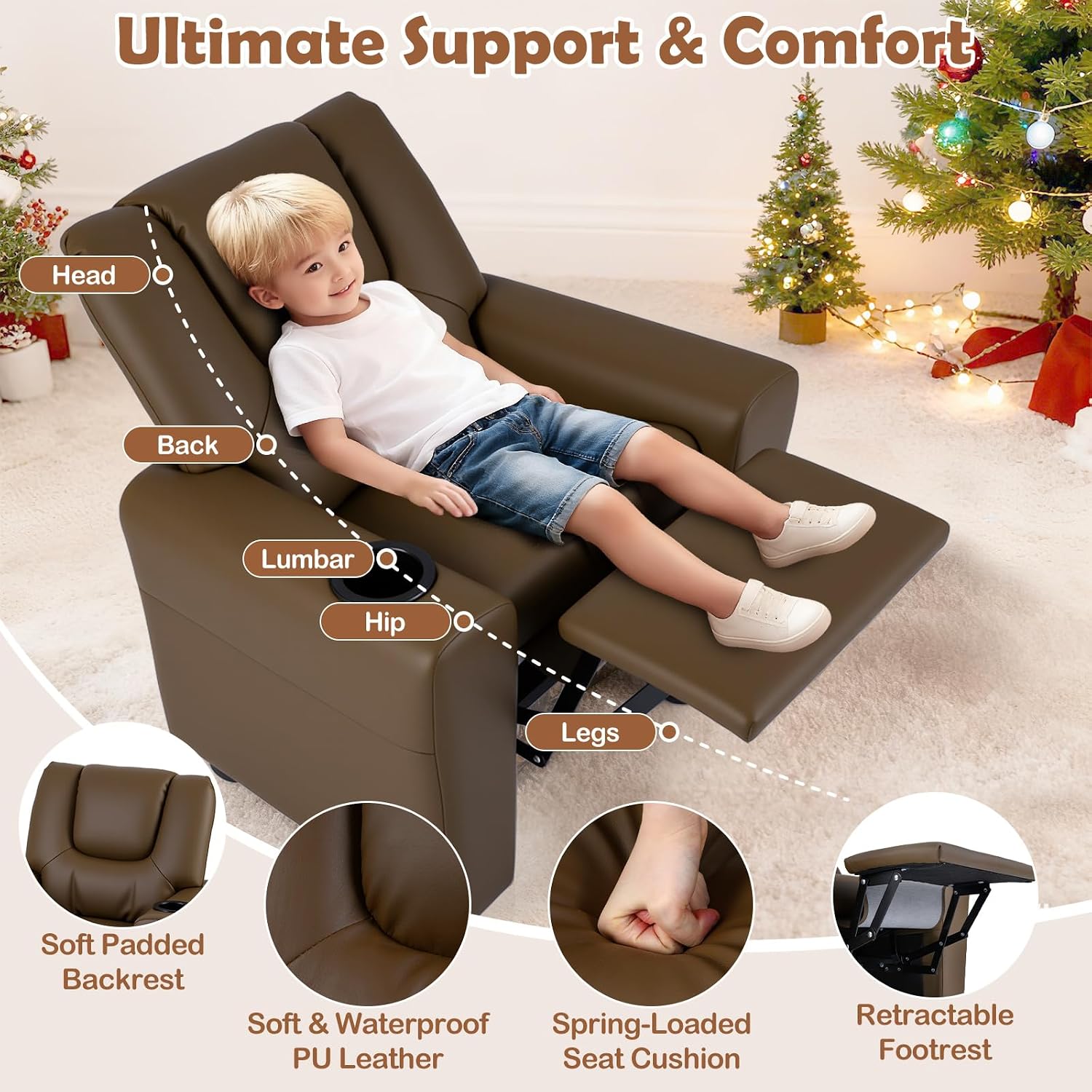 Costzon Kids Recliner Chair with Cup Holder, Toddler Adjustable Lounge Chair w/Footrest for Boys Girls Room, Ergonomic Baby Child Furniture Sofa for Age 3+ Gifts, Kids Mini Recliner up to 150 lbs