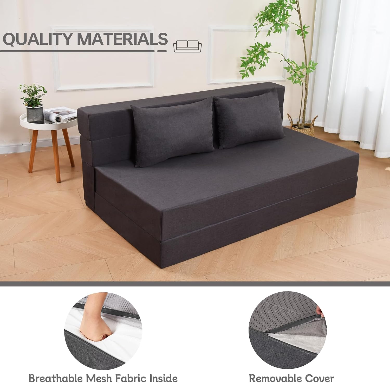 Fvkind Folding Sofa Bed with Pillow, Foldable Bed Sleeper Chair with Washable Cover, Convertible Sofa Chair, Fold Out Couch,Futon Couch for Living Room, Dorm, Guest Room, Queen Size, Dark Grey