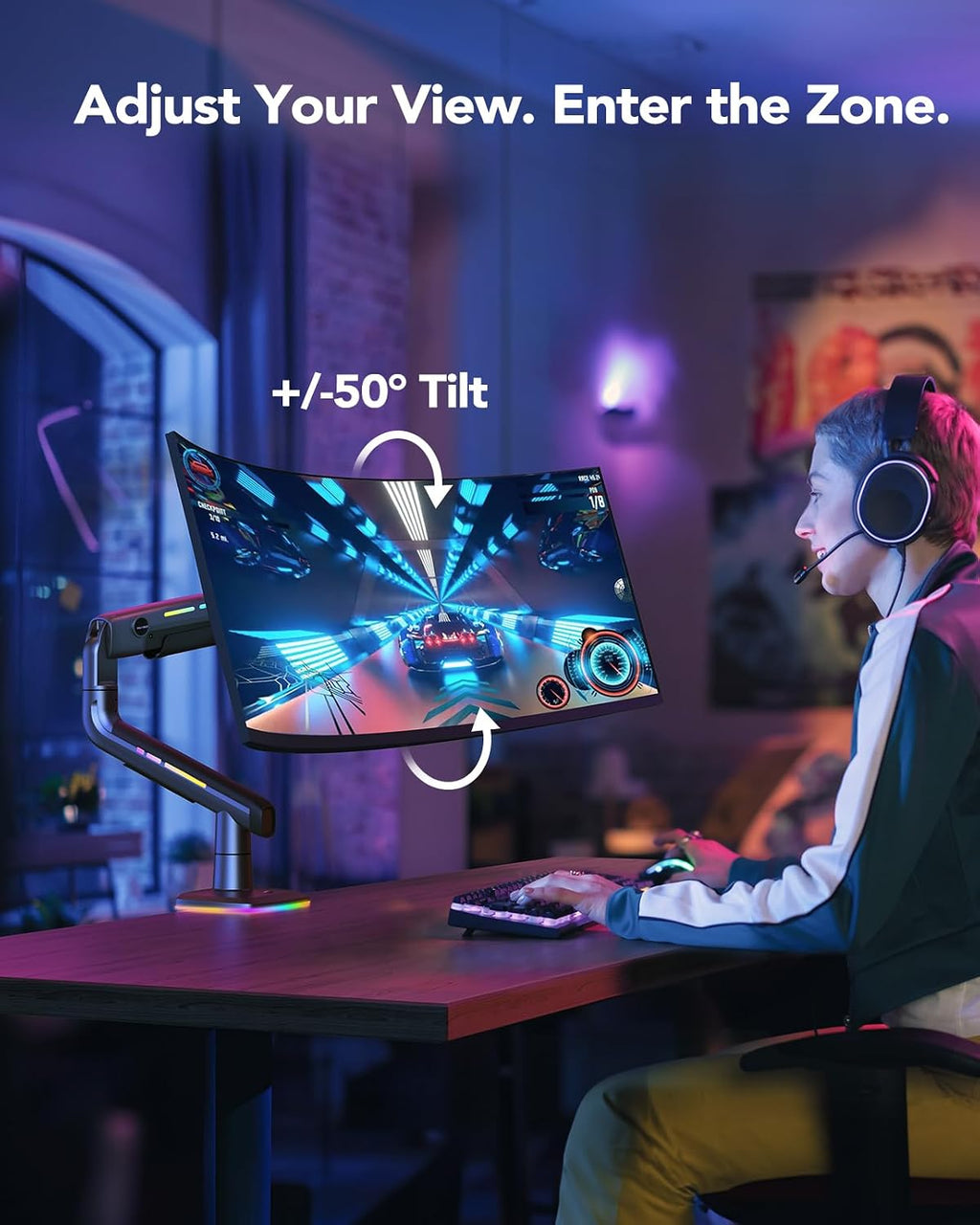 HUANUO 45 inch Monitor Arm, Heavy Duty Single Monitor Mount Holds 44 lbs for Ultrawide/Curved/Gaming Screen, Fully Adjustable with C-Clamp & Grommet Base, Max VESA 100x100mm, RGB