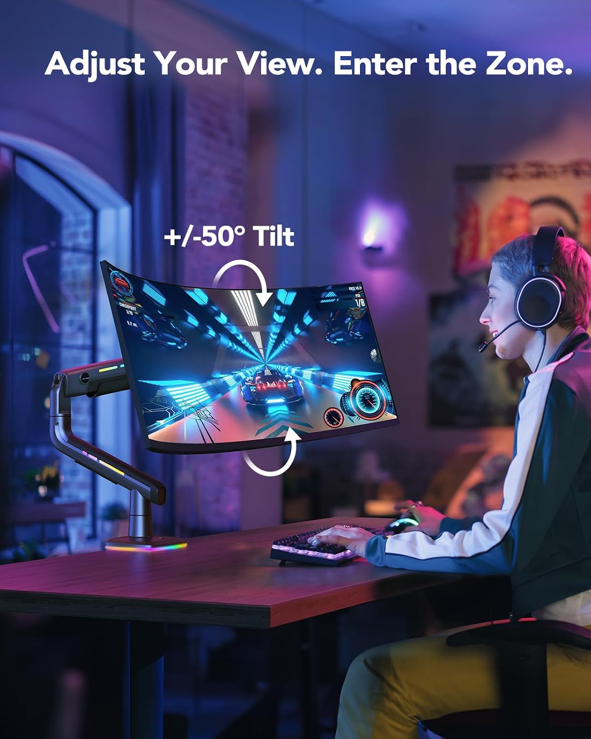 HUANUO 45 inch Monitor Arm, Heavy Duty Single Monitor Mount Holds 44 lbs for Ultrawide/Curved/Gaming Screen, Fully Adjustable with C-Clamp & Grommet Base, Max VESA 100x100mm, RGB