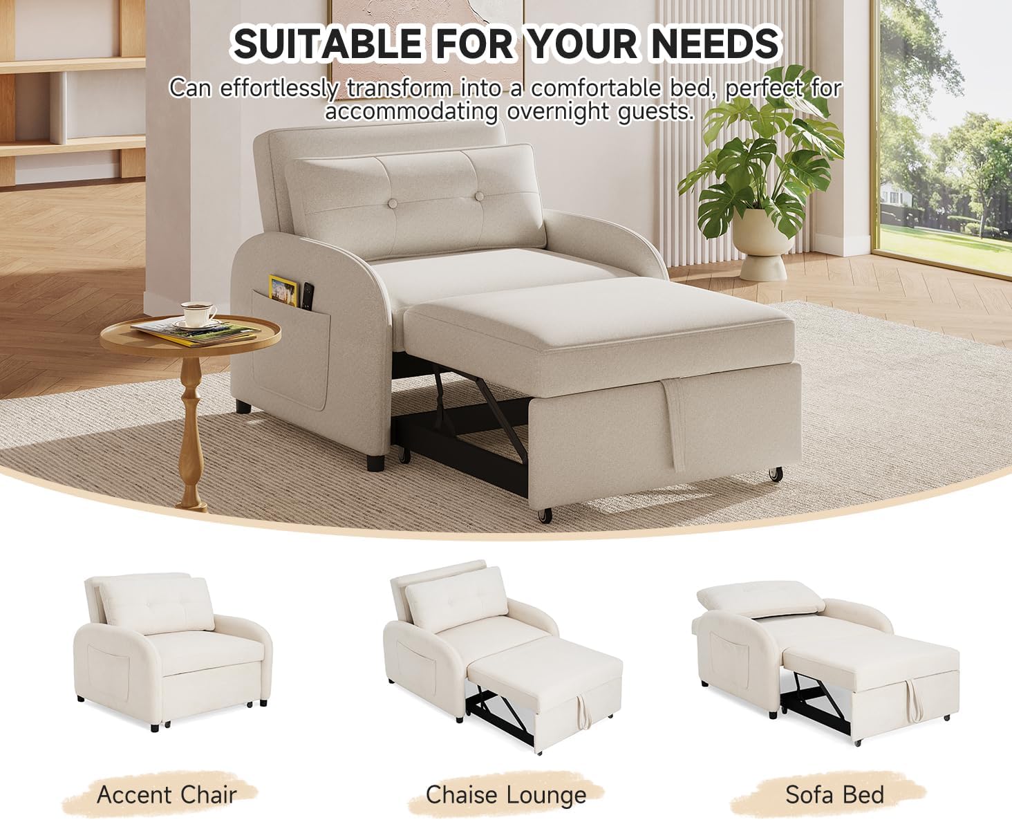 Merax 3-in-1 Convertible Sleeper Sofa Bed, Loveseat to Bed with Pullout Design, Soft Cotton Linen Fabric, Includes Pillow & Side Pockets for Small Spaces, Apartment, Living Room, Beige