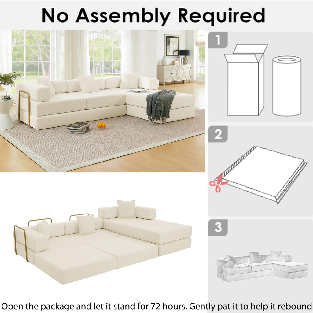 HANXIN 108' Modular Sectional Sofa, Futon Convertible Sofa Bed,Oversized Corduroy Boneless Couch for Living Room,Floor Loveseat Sleeper with Pull Out Bed,Free Combination,No Assembly Required (Beige)