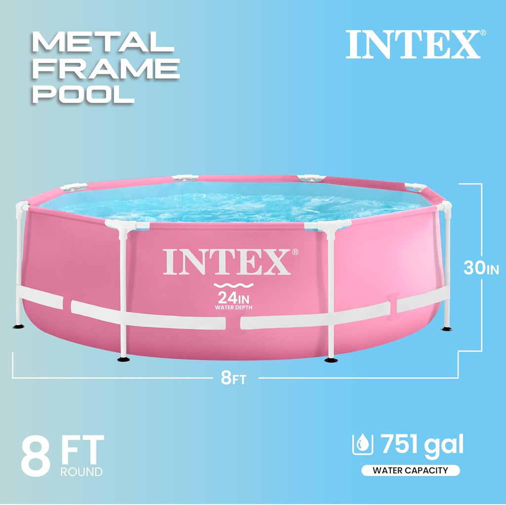 Intex 28290EH 8 Feet by 30 Inches Easy to Assemble Large Round Metal Frame Above Ground Swimming Pool with Dual Suction Outlet Fittings, Pink
