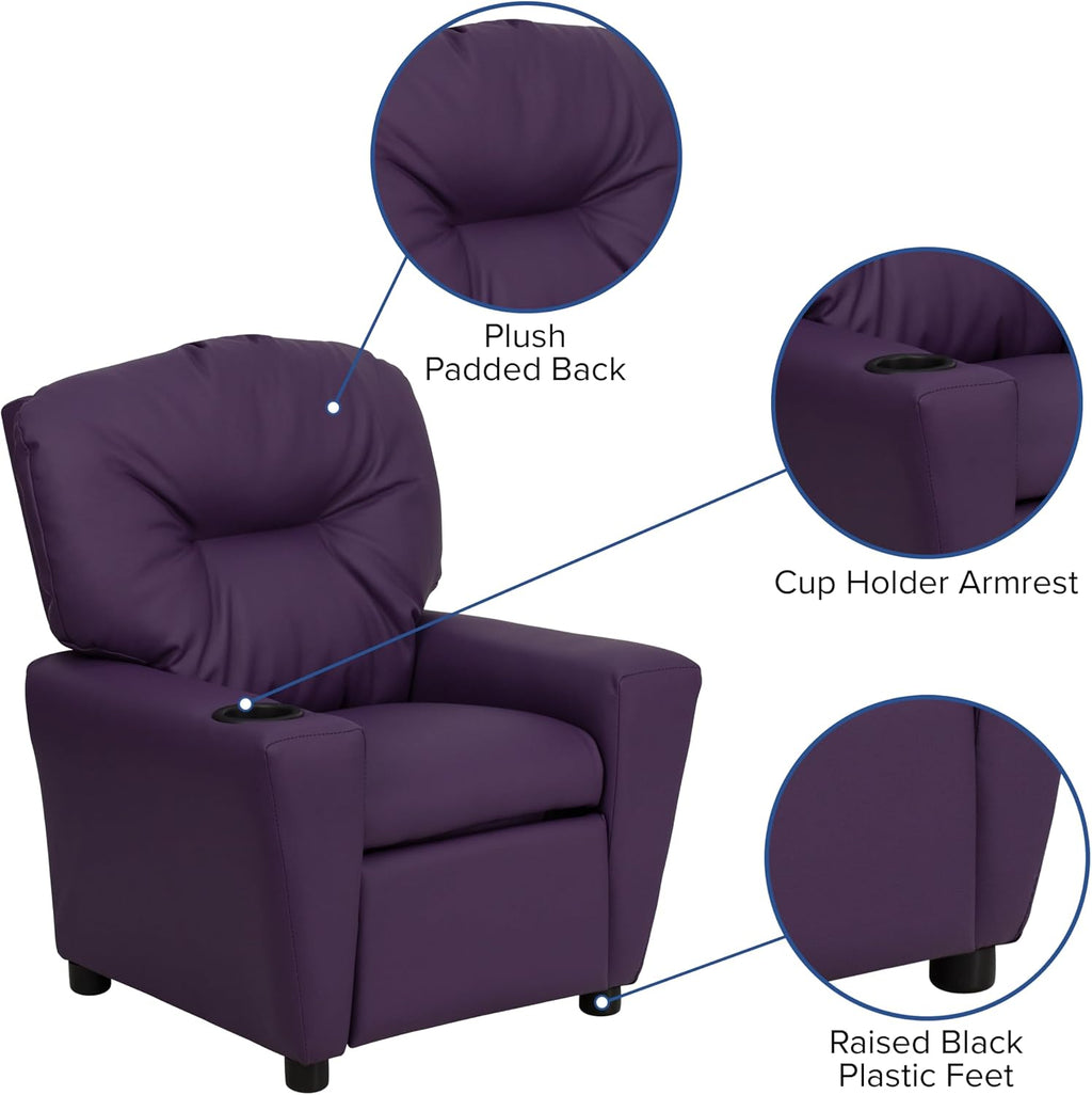 Flash Furniture Chandler Vinyl Kids Recliner with Cup Holder and Safety Recline, Contemporary Reclining Chair for Kids, Supports up to 90 lbs., Purple