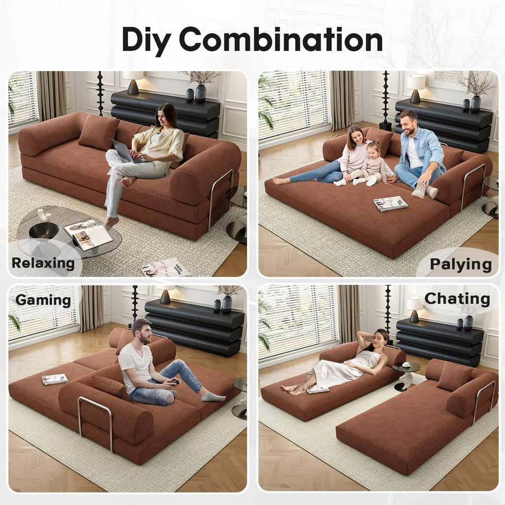 78.8' Modular Sofa Bed - 4-in-1 Convertible Design with Corduroy Fabric and High Density Sponge, Removable Cover and Fixed Frame