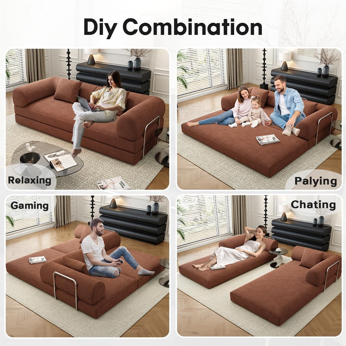 78.8' Modular Sofa Bed - 4-in-1 Convertible Design with Corduroy Fabric and High Density Sponge, Removable Cover and Fixed Frame