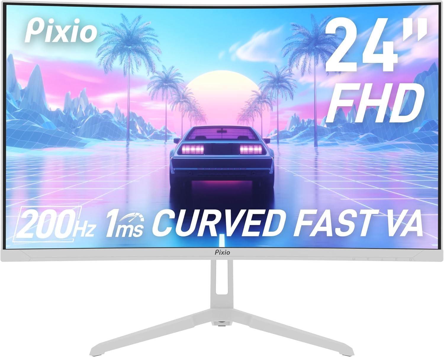 Two Pixio PXC248WAVE White 24 inch 200Hz Refresh Rate FHD 1080p Resolution 1500R Curve Fast VA Panel 1ms GTG Response Time HDR Curved Gaming Monitor and PS1D Wave White Dual Monitor Arm - Fits up to 3