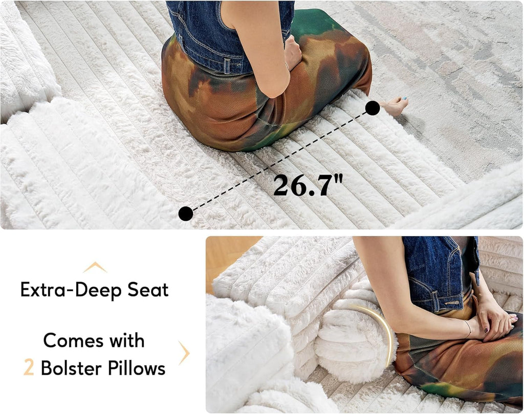 VanAcc Futon Sofa Bed, Convertible Futon Couch with Plush Faux Fur, No Assembly Mattress Futon Sofa for Living Room, Apartment, Bedroom, White