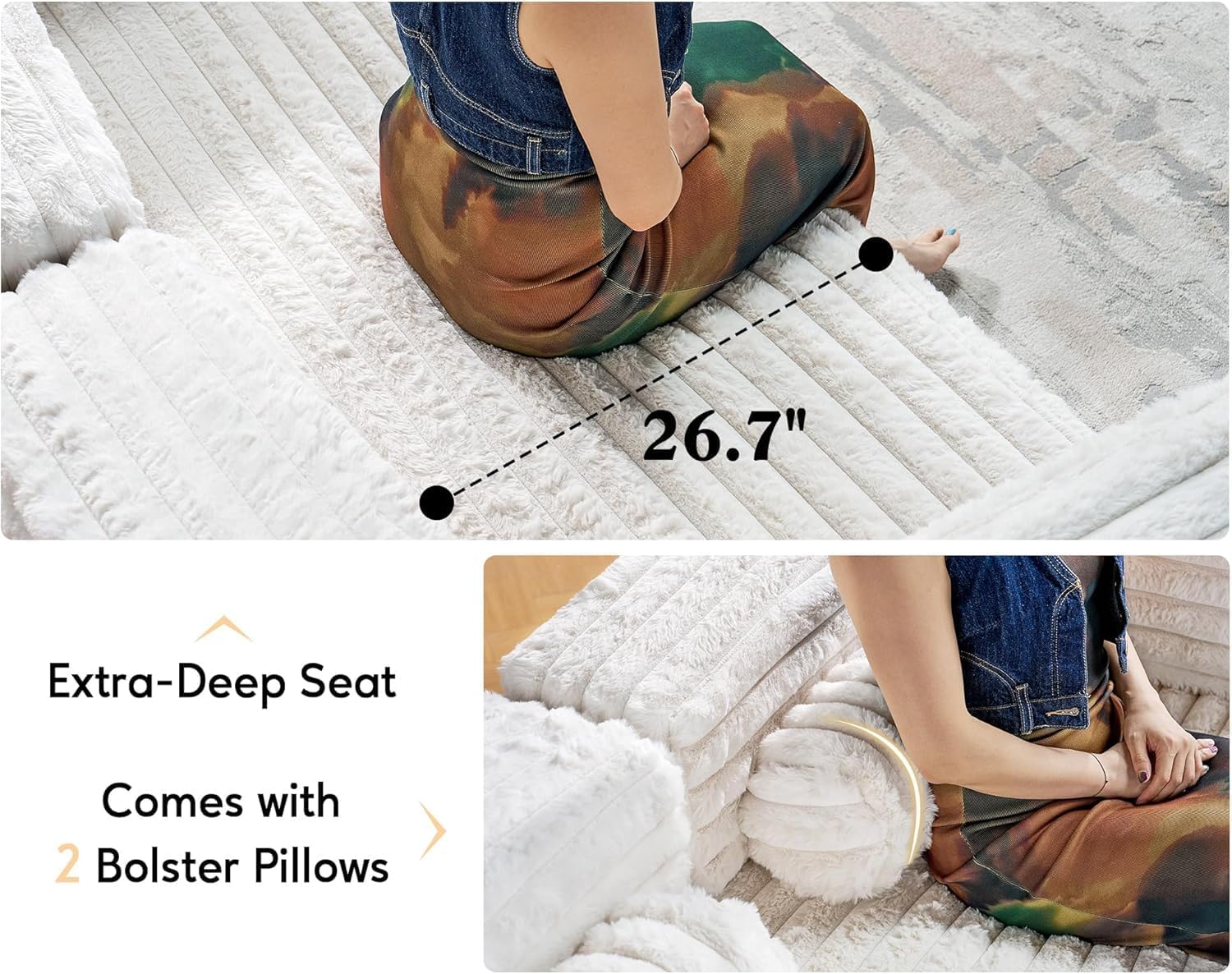 VanAcc Futon Sofa Bed, Convertible Futon Couch with Plush Faux Fur, No Assembly Mattress Futon Sofa for Living Room, Apartment, Bedroom, White
