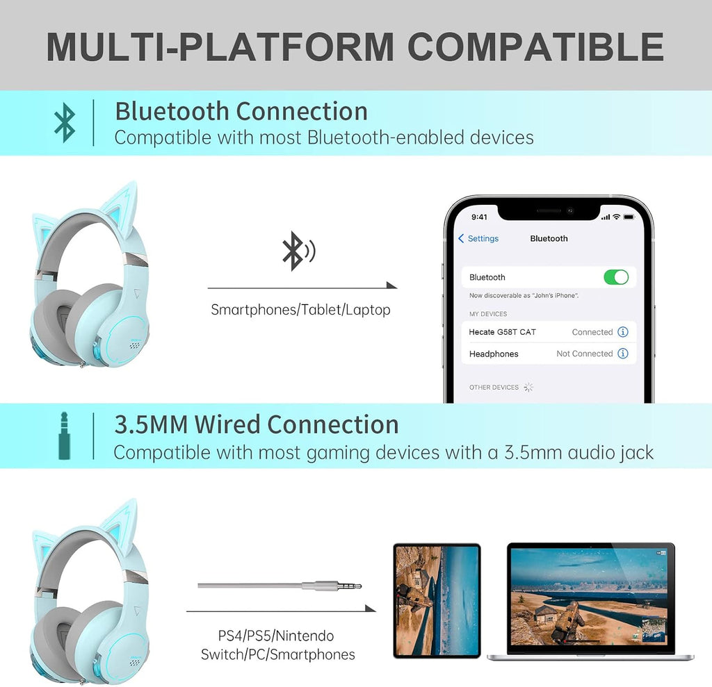 Edifier G5BT CAT Wireless Bluetooth Gaming Headset with Mic, Wired Cat Ear Headphones, Over Ear Headphones with Detachable Cat Ear, RGB Light, for PC, PS5, PS4, Nintendo Switch(Sky Blue)