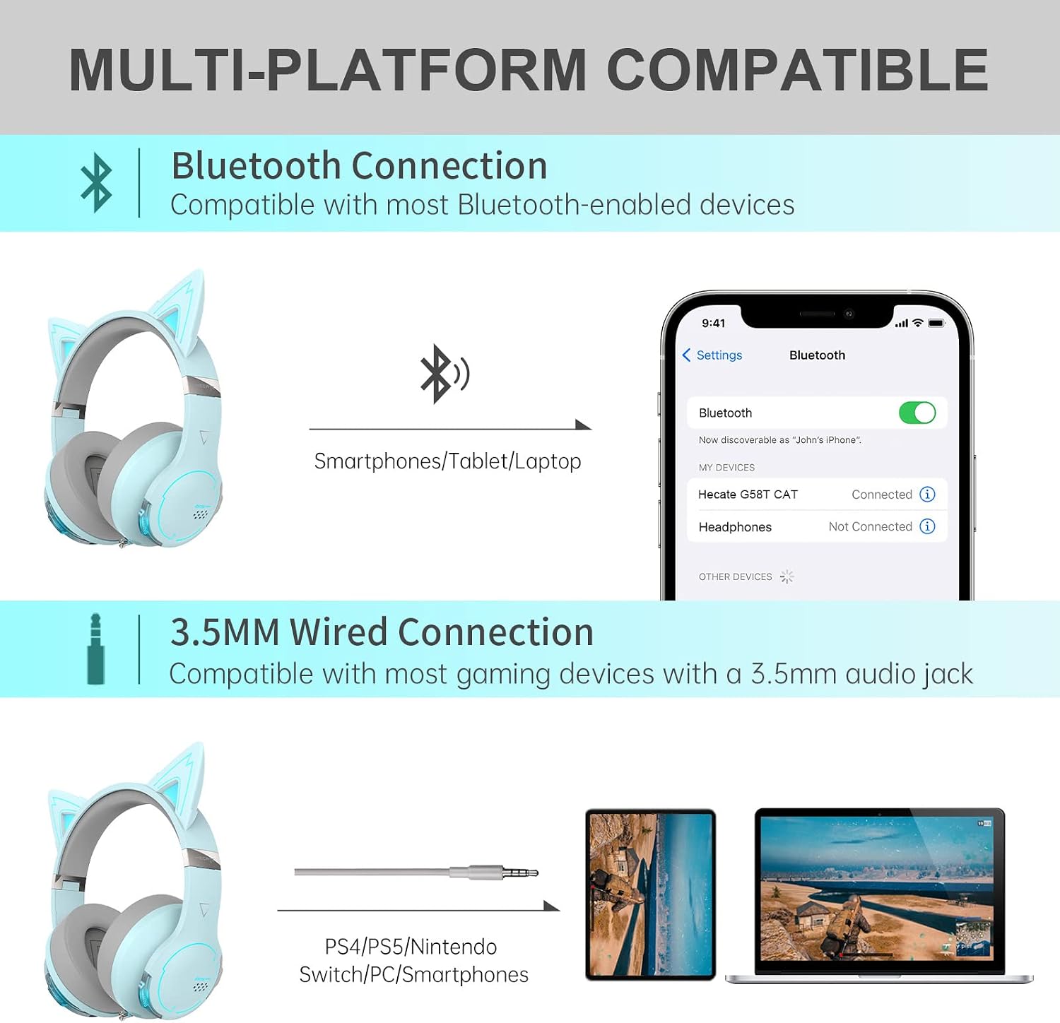 Edifier G5BT CAT Wireless Bluetooth Gaming Headset with Mic, Wired Cat Ear Headphones, Over Ear Headphones with Detachable Cat Ear, RGB Light, for PC, PS5, PS4, Nintendo Switch(Sky Blue)