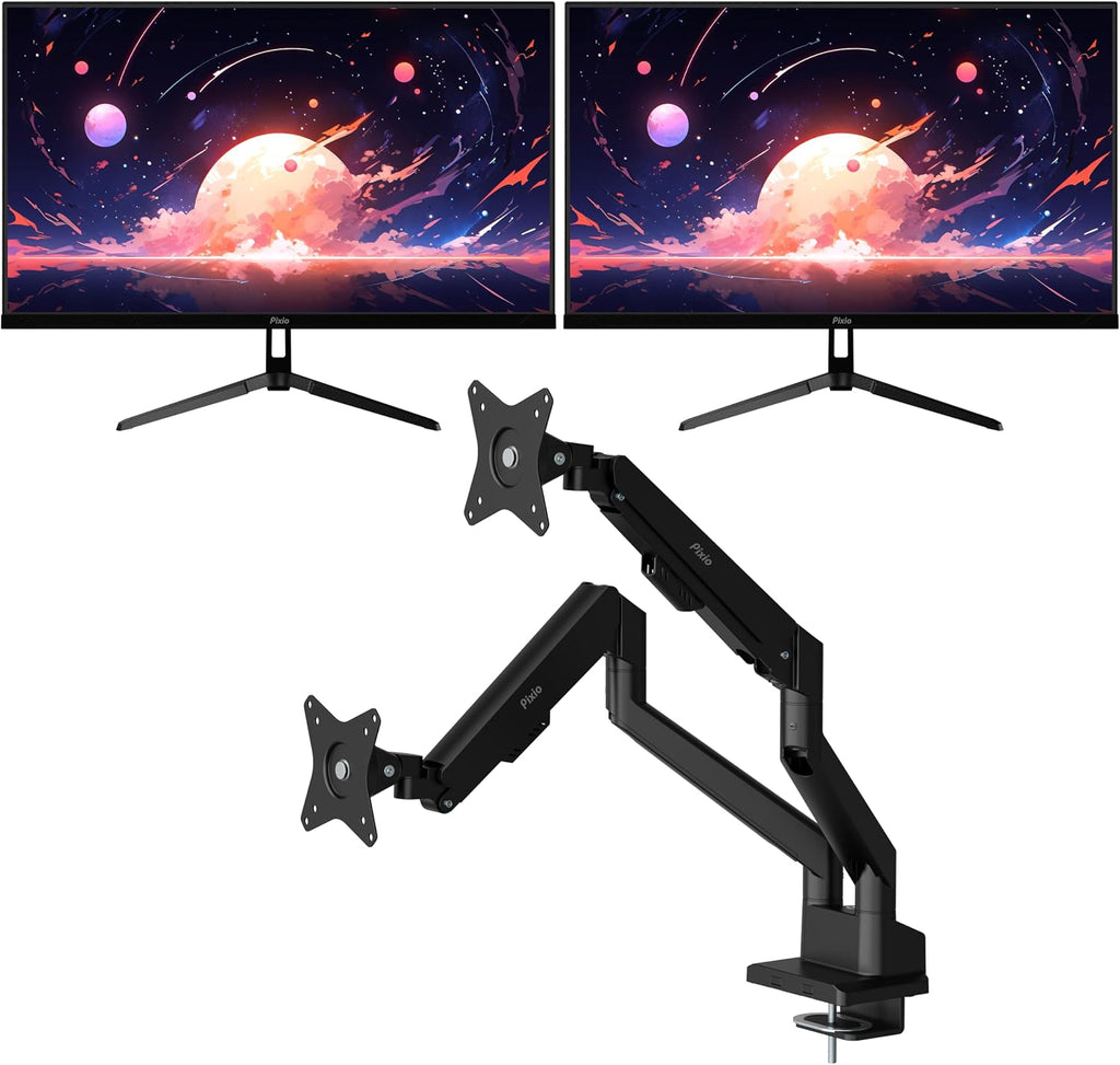Pixio Two PX275 Wave 27 inch 100Hz Refresh Rate QHD 1440p Resolution IPS Panel 1ms MPRT Response Time Gaming Monitor and PS1D Wave Black Dual Monitor Arm - Fits up to 32 inches and 19.8lbs