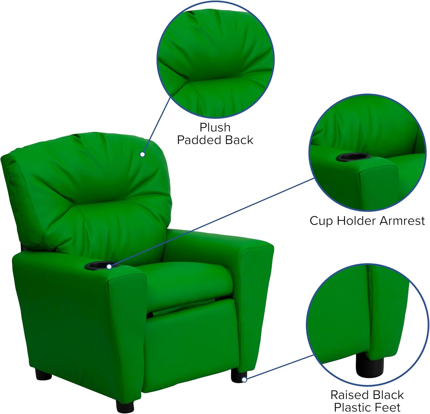 Flash Furniture Chandler Vinyl Kids Recliner with Cup Holder and Safety Recline, Contemporary Reclining Chair for Kids, Supports up to 90 lbs., Green