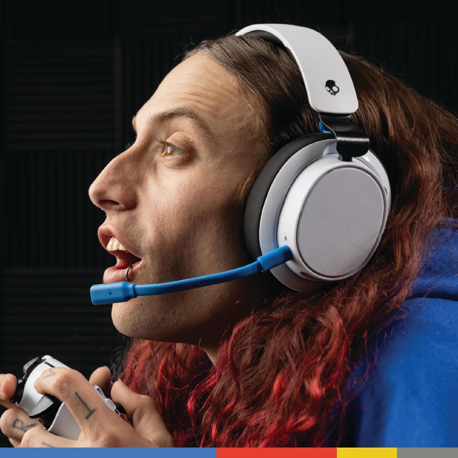 Skullcandy SLYR Pro Wireless Multi-Platform Gaming Headset, Bluetooth Headphones, Up to 24 Hrs Battery, PC, PlayStation, Nintendo Switch, 2.4GHz Low Latency Wireless Transmitter Included - White/Blue