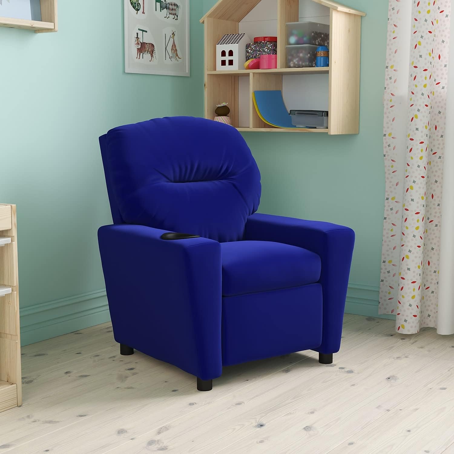 Flash Furniture Chandler Microfiber Kids Recliner with Cup Holder and Safety Recline, Contemporary Reclining Chair for Kids, Supports up to 90 lbs., Blue