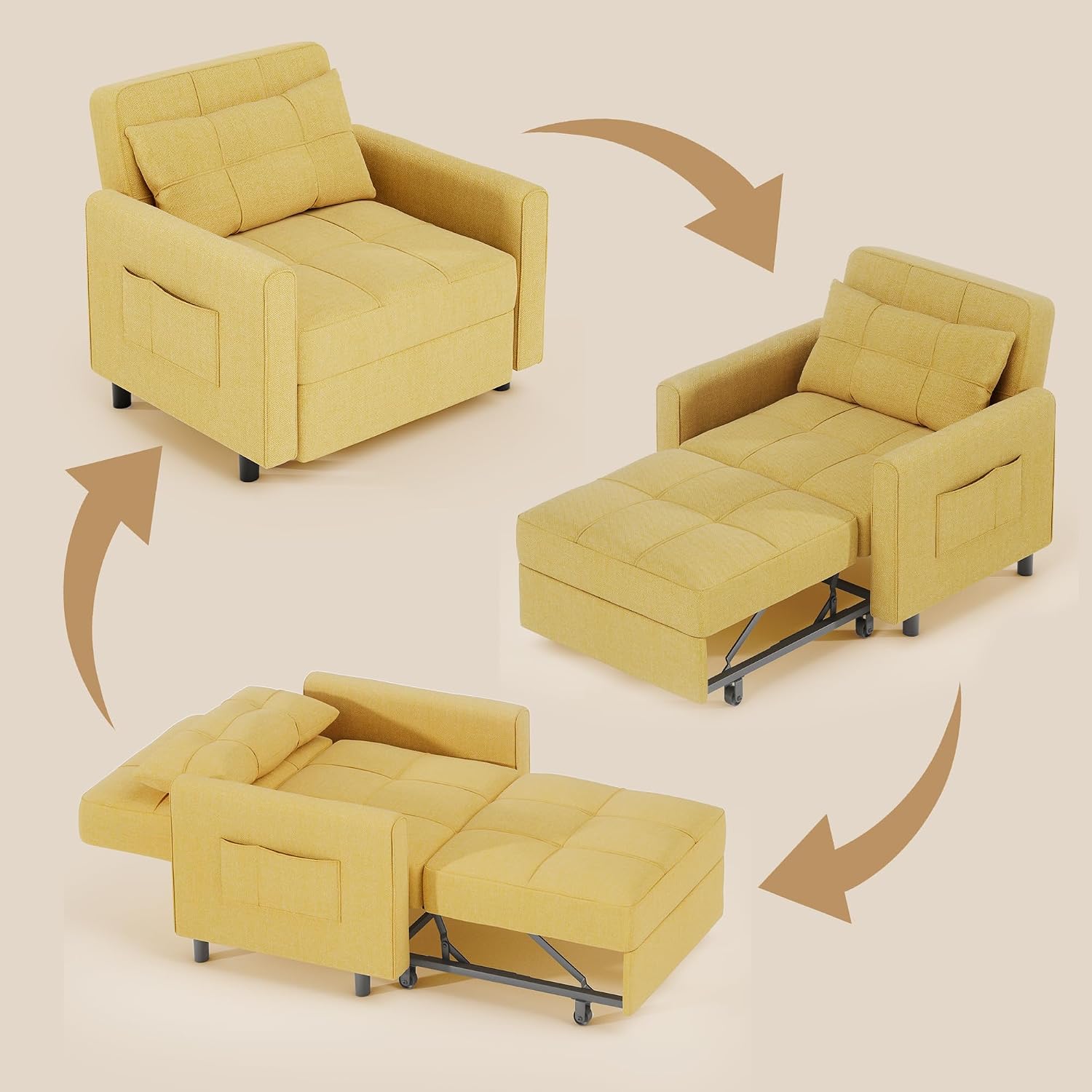 Gizoon Sofa Bed Chair 3 in 1 Convertible, Pullout Single Sleeper Chair Bed with Adjustable Backrest, Spacious Multifunctional Sofa Couches for Living Room, Bedroom, Apartment