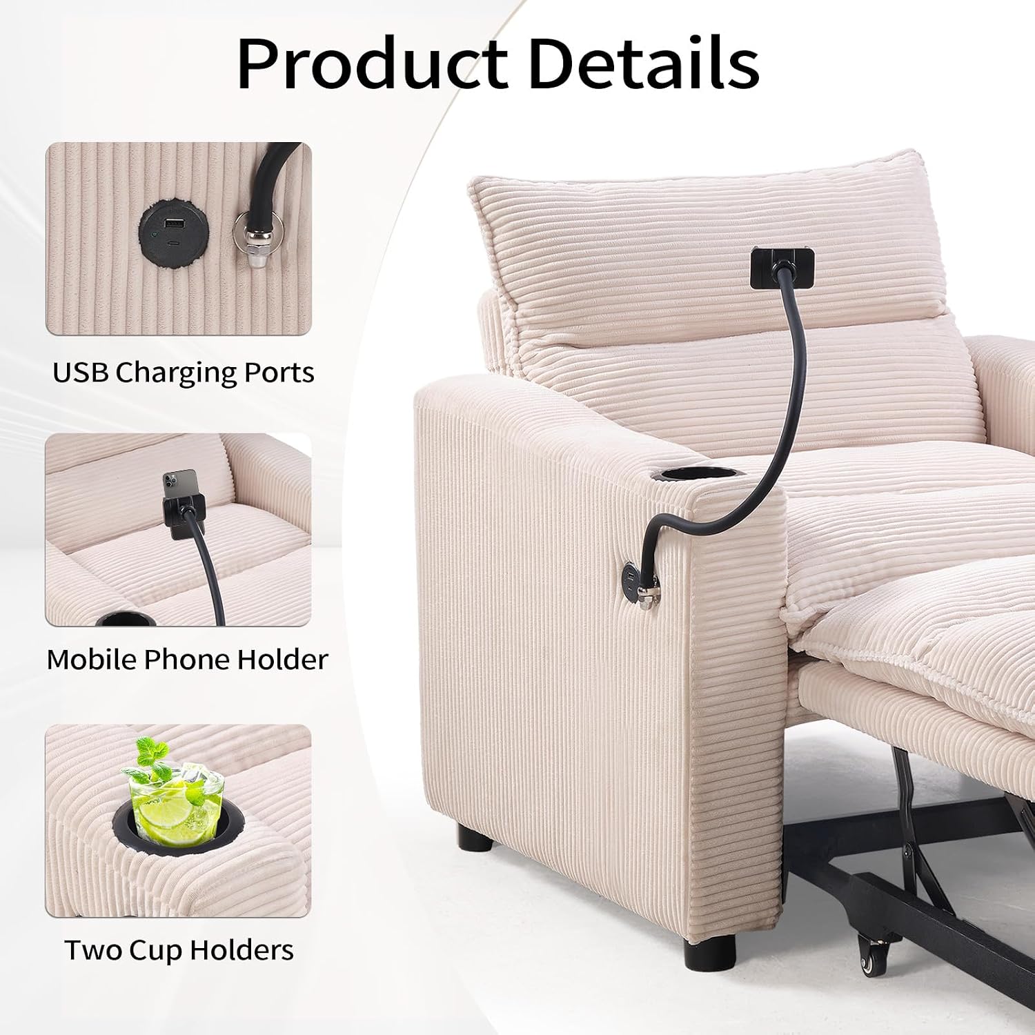 HAOMARKETS Corduroy Sleeper Sofa Bed with Cup Holders, 3-in-1 Convertible Pullout Futon Couch with Phone Holder&USB Charge Port, Single Armchair with 3-Level Adjustable Backrest for Apartment