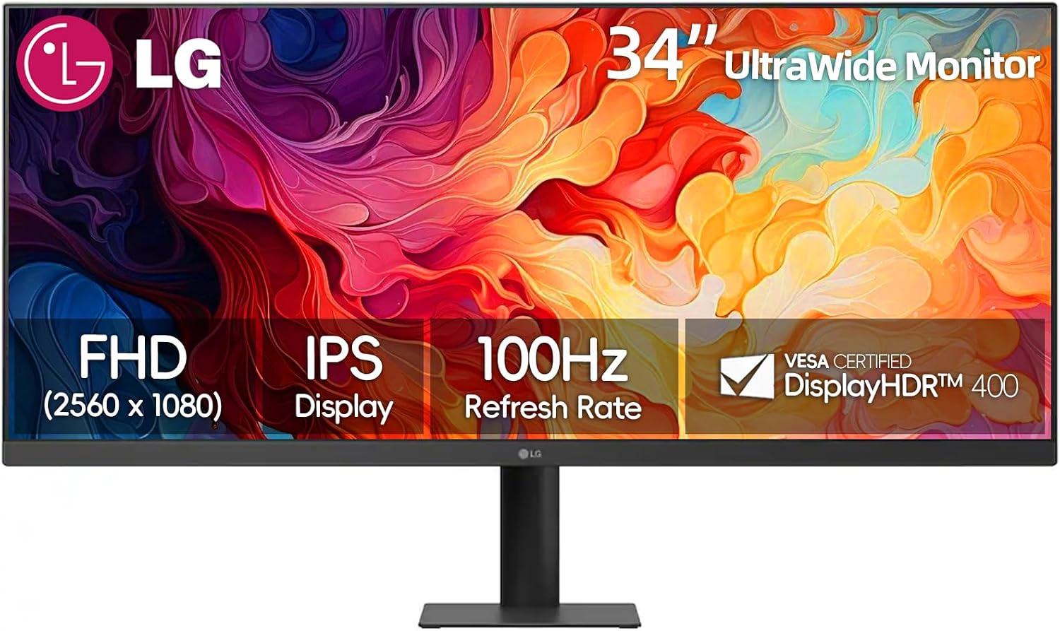 LG 34'' IPS FHD UltraWide Monitor, 100Hz, 5ms, AMD FreeSync, DisplayHDR 400, sRGB 99%, VESA Mount, Reader Mode, Black Stabilizer, HDMI, DisplayPort, Virtually Borderless Design,Tilt Stand, Black