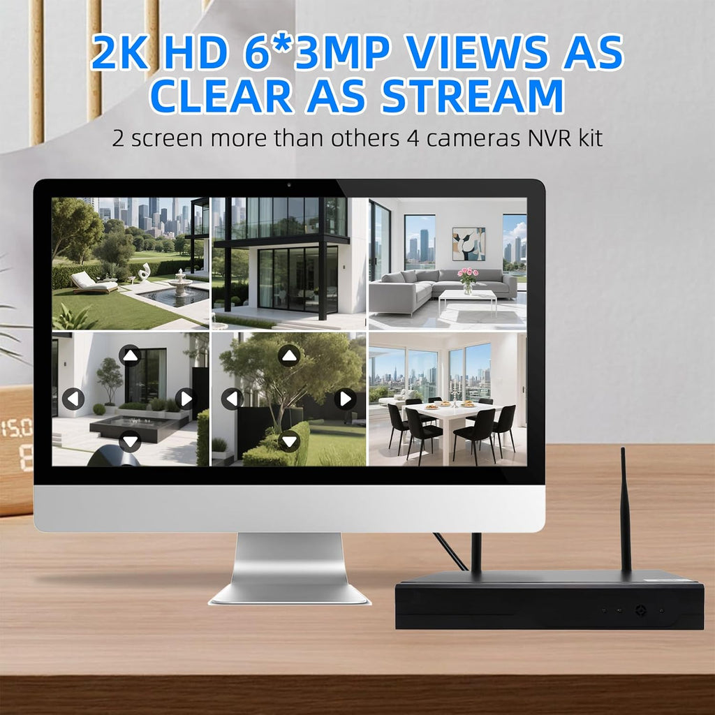 Wireless Security Camera NVR System, 2 Bullet Cam + 2 Dome Cam, 6 Screen Max. up to 16CH, 2K HD 3MP View, Dual-Band WiFi Connection, Smart Color Night Vision, 1TB HDD Local Storage