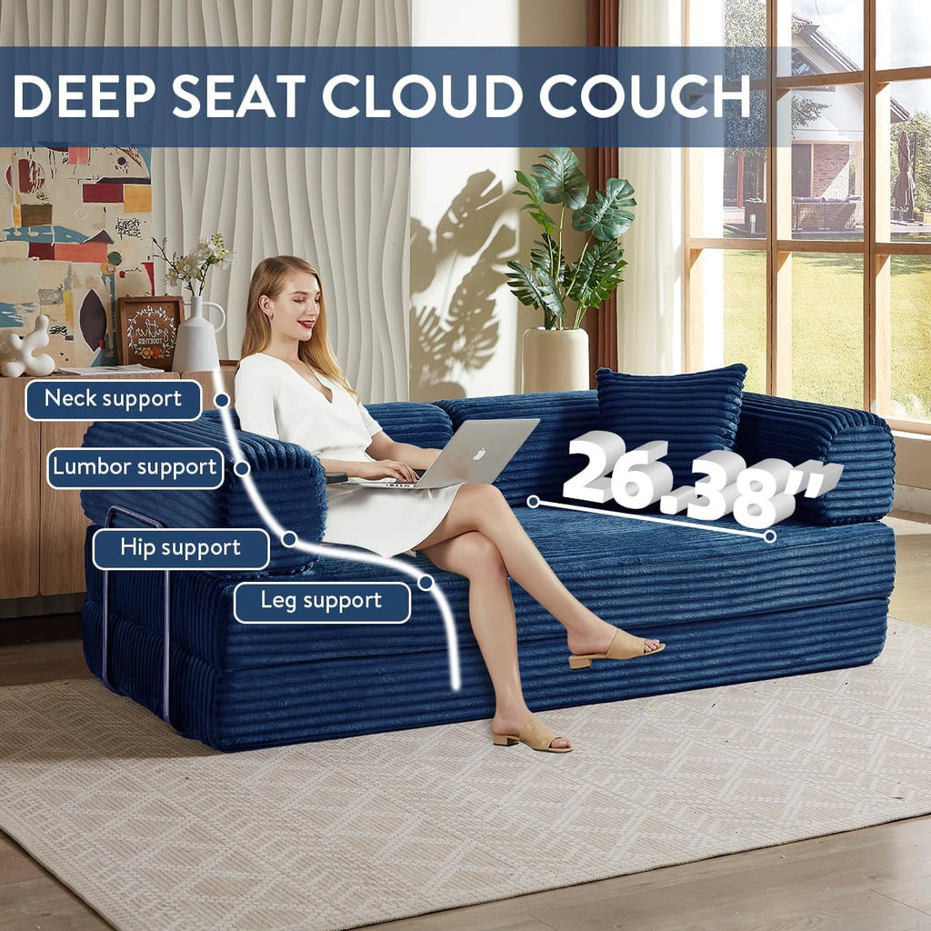 Convertible Folding Sofa Bed,Fold Out Floor Sofa Couch with Fixed-Shape Frame,Corduroy Foldable Mattress Cloud Couch for Living Room Bedroom (Blue, 81 Inch)