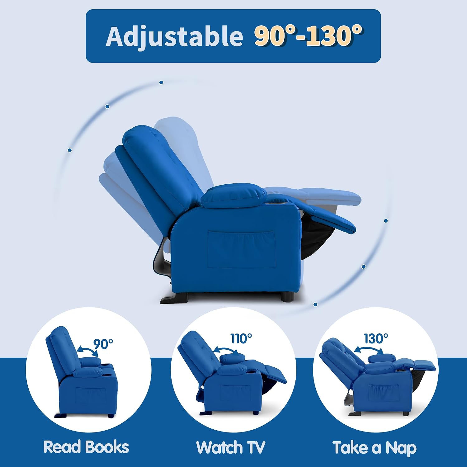 MCombo Big Kids Recliner for Ages 3+, Child Recliner Chair, Toddlers Recliner Sofa with Cup Holders, Faux Leather, 7322(Blue)